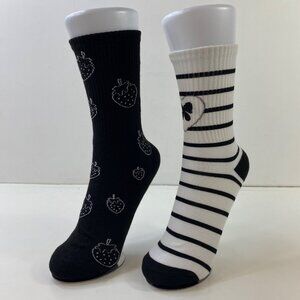 Womens Striped Bow Strawberry Crew Socks 2 Pack Ribbed Cuff Black White